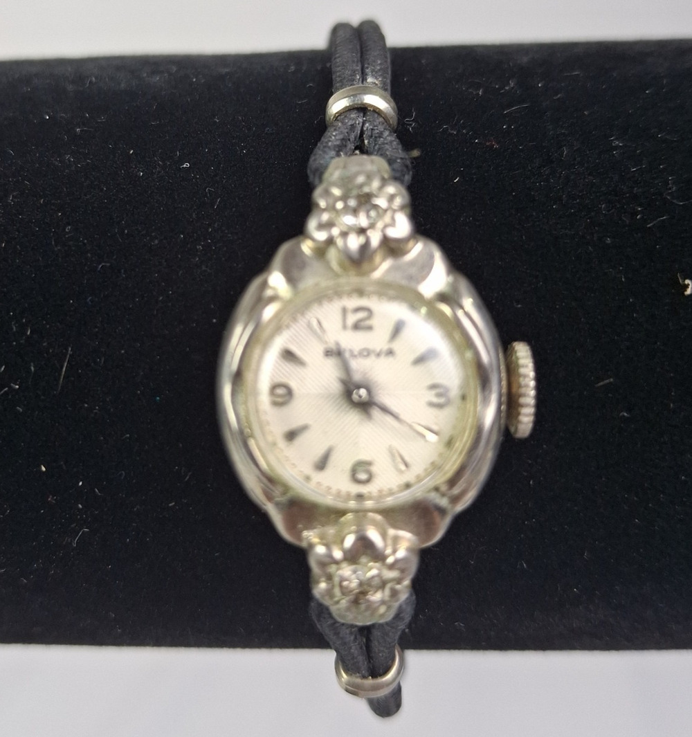 Vintage Bulova Women's Mechanical Watch - Runs, Floral Crystal Accents & Cord